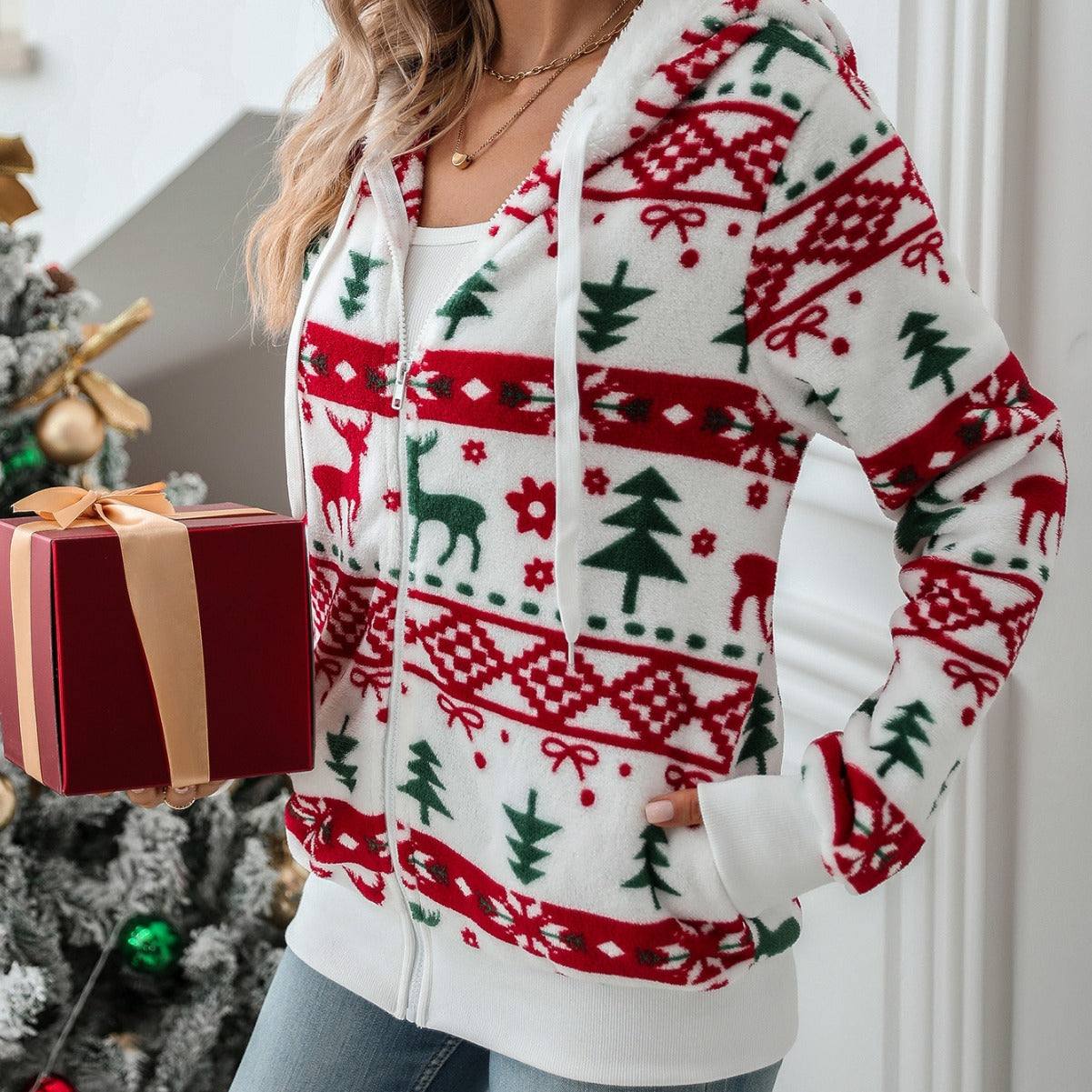 Christmas Printed Plush Coat